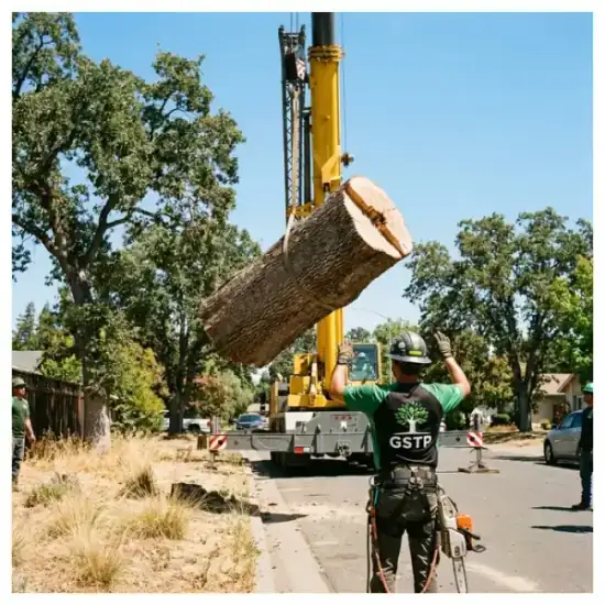 Legacy Tree & Crane crane truck lifting a large tree section